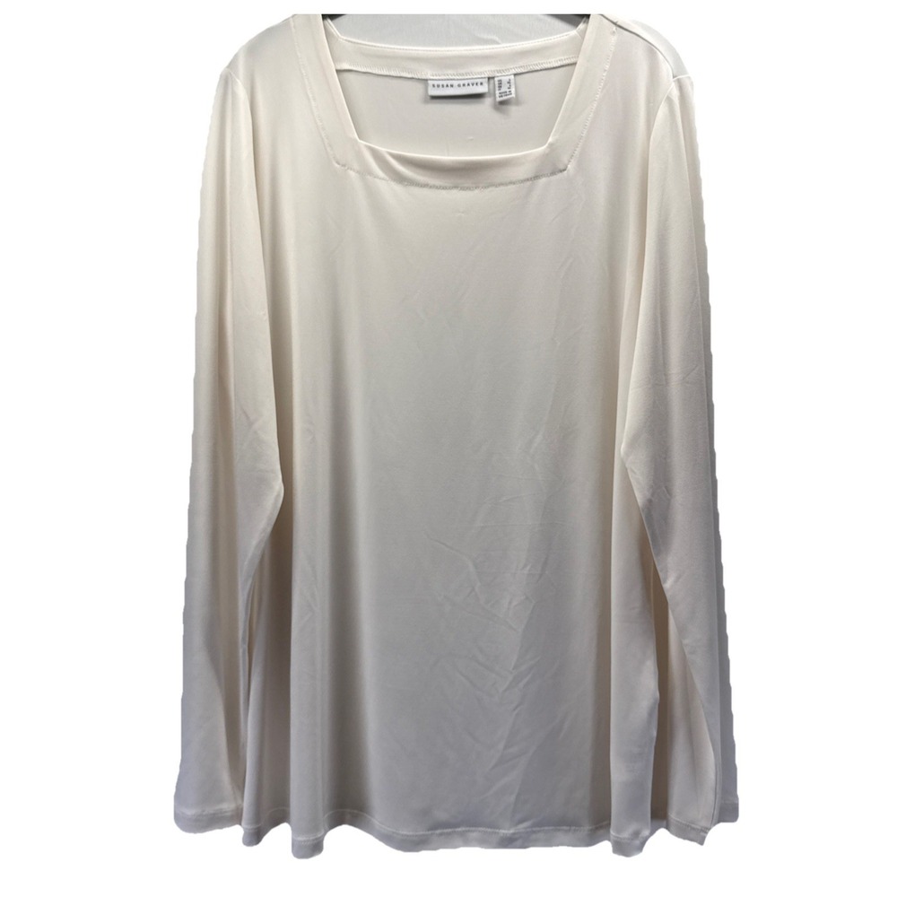 Susan Graver Women's Top Sz Large Solid Ivory Minimalist Long Sleeve Square Neck
